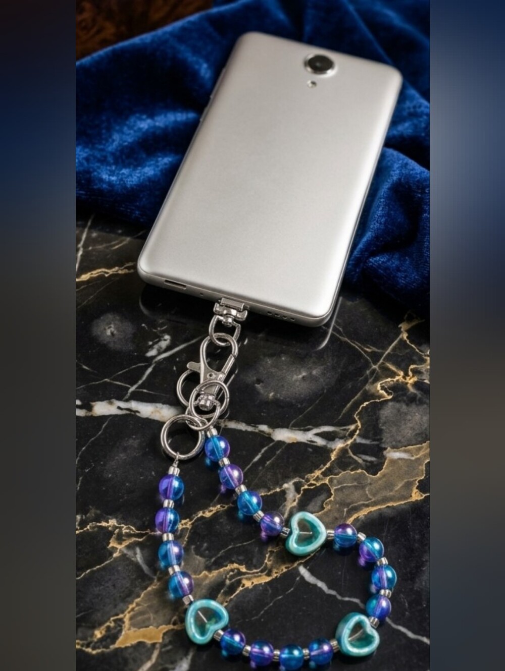 Handcrafted Iridescent Blue & Purple Glass Bead Heart Phone Wristlet
